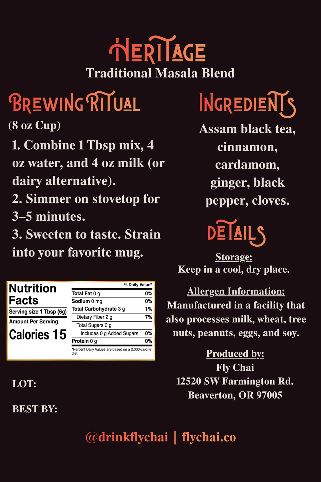 Heritage Brewing Ritual tea mix label with brewing instructions, ingredients, and nutritional information.