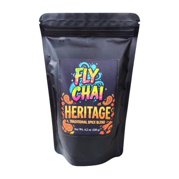 Black packaging of Fly Chai Heritage spice blend on a white background