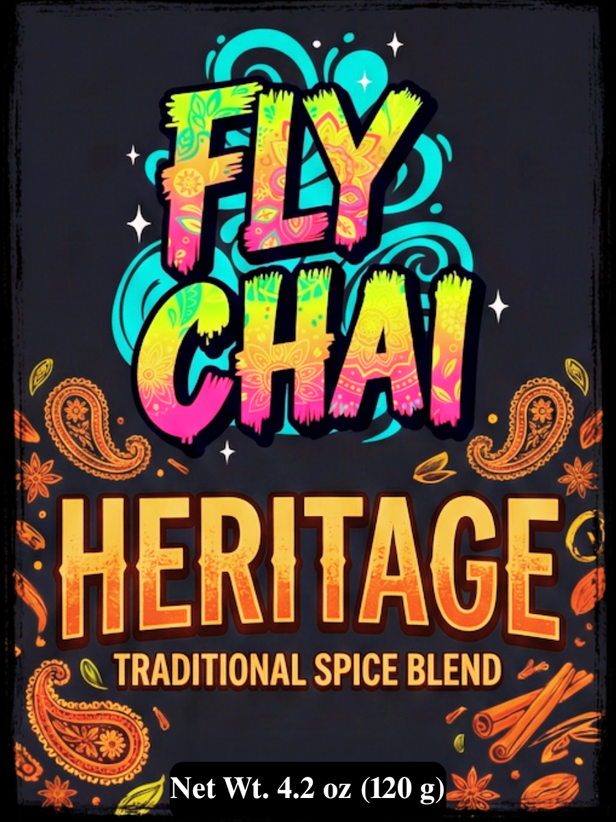 Colorful packaging of Fly Chai Heritage traditional spice blend with decorative elements on a black background.