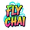 Colorful 'FLY CHAI' text design with abstract patterns on a white background