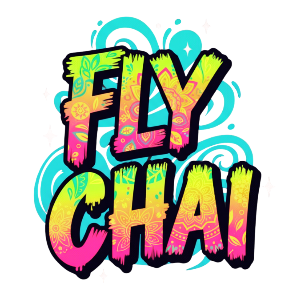Colorful 'FLY CHAI' text design with abstract patterns on a white background