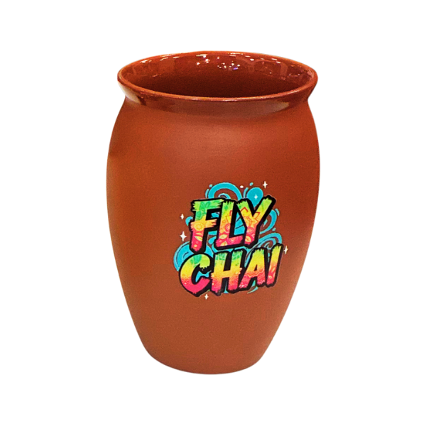 A hand-finished terracotta clay Kulhad with a flared rim and matte texture, featuring the vibrant Fly Chai psychedelic logo against a clean white background.