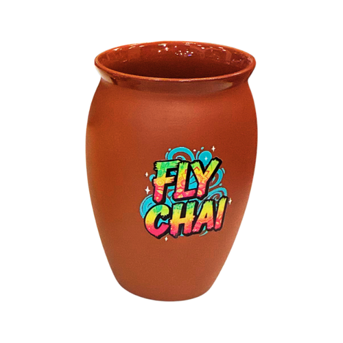 A hand-finished terracotta clay Kulhad with a flared rim and matte texture, featuring the vibrant Fly Chai psychedelic logo against a clean white background.