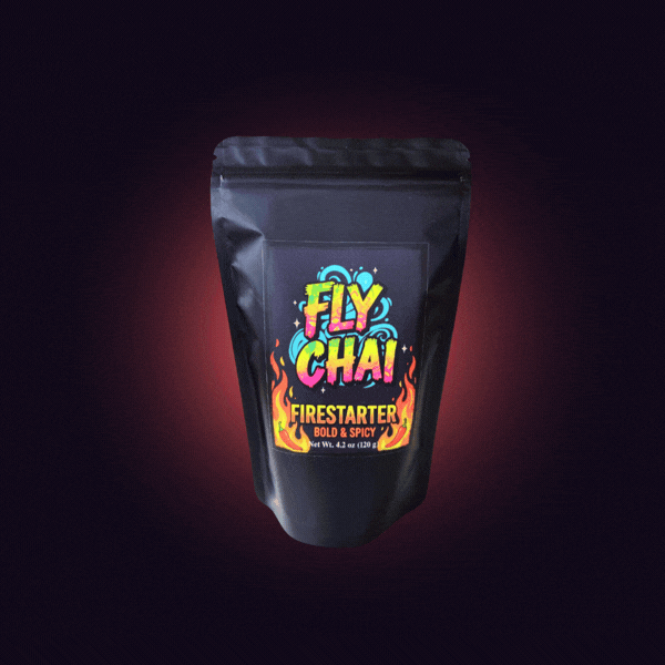 Animated GIF of Fly Chai FireStarter Masala Blend pouch centered against a dark background with a pulsing neon orange and red mandala pattern.