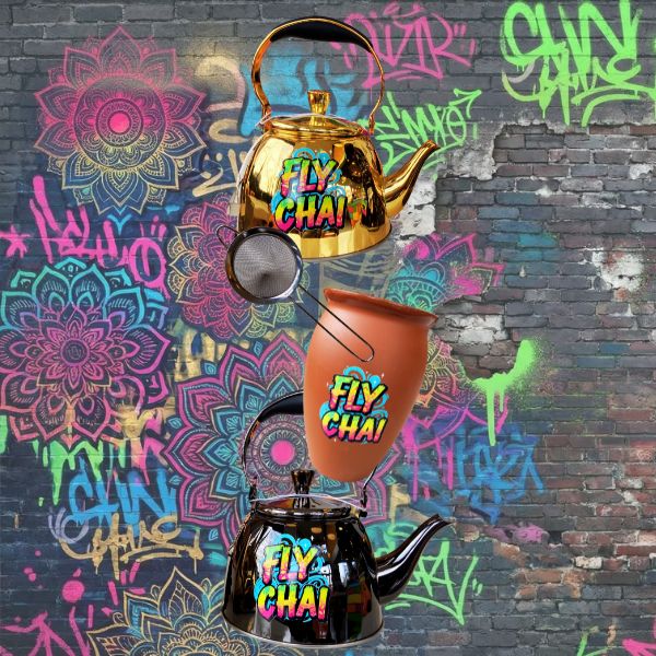 Tea-making set with 'FLY CHAI!' branding against a colorful graffiti background