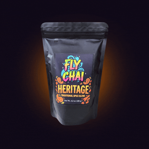 Animated GIF of Fly Chai Heritage Masala Blend pouch centered against a dark background with a pulsing neon pink and purple mandala pattern.