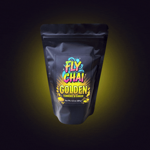 Animated GIF of Fly Chai Golden Turmeric Blend pouch centered against a dark background with a pulsing neon yellow and gold mandala pattern.